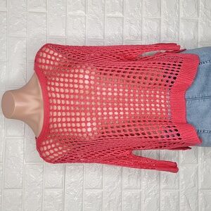 EXPRESS Pink Crochet See Through Short Sweater Top with Drop Should 3/4 Sleeves
